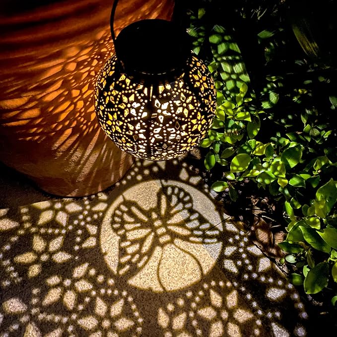 2 Pack Outdoor Solar Lantern Lights, Waterproof Tabletop LED Moroccan Lanterns, Hanging Metal Decorative Garden Lights for Patio, Lawn, Porch, Backyard