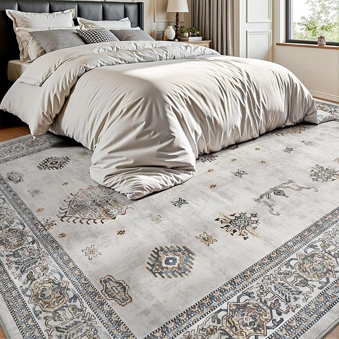 AMOAMI-Vintage Area Rug 6X9 Grey Rugs for Living Room-Soft Living Room Rug Non Slip Rugs for Bedroom Carpet Machine Washable Rug for Dining Room Bedside Office Room Decor