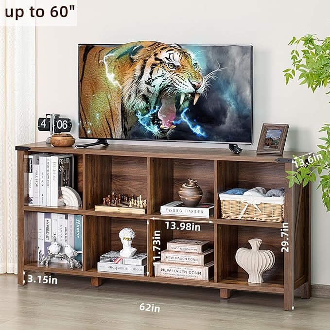 8 Cube Book Shelf, Farmhouse Wood Long Storage Organizer Bookcase, 62" Horizontal Brown Walnut Console Closet Bookshelf, Hallway TV Stand for Entryway, Display Cabinet Book Case for Office