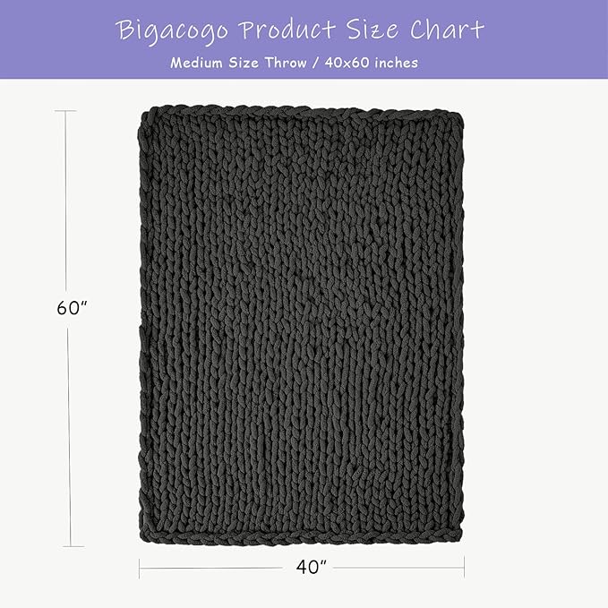 Bigacogo Chunky Knit Throw Blanket for Couch, 40x60 inches, 100% Hand Knitted with Thick Jumbo Chenille Yarn, Cozy Soft Large Rope Knot Cable Crochet Blankets for Sofa Bed Living Room, Dark Grey