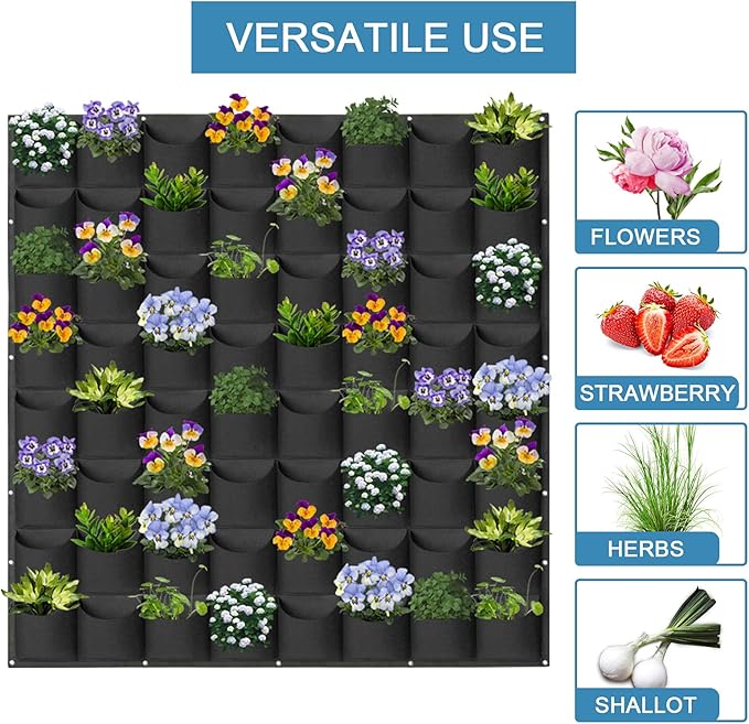 64 Pockets Hanging Planter Bags, Hanging Vertical Wall Mounted Plant Planting Grow Bags, Herb Garden Planter Outdoor Indoor Growing Bag, Gardening Vertical Greening Flower Container(1m×1m, Black)