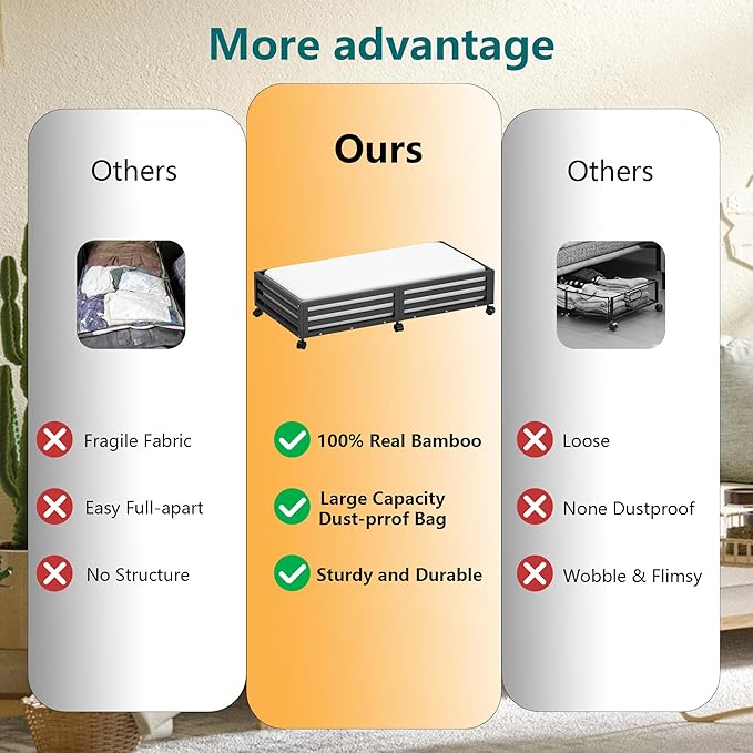 Bamboo Under Bed Storage Containers- Underbed Organizer with Wheels with Large Dust Bag,Sturdy Wood Rolling Under the Bed Shoe Storage Organizer Drawer 2 Packs (Black, Long)