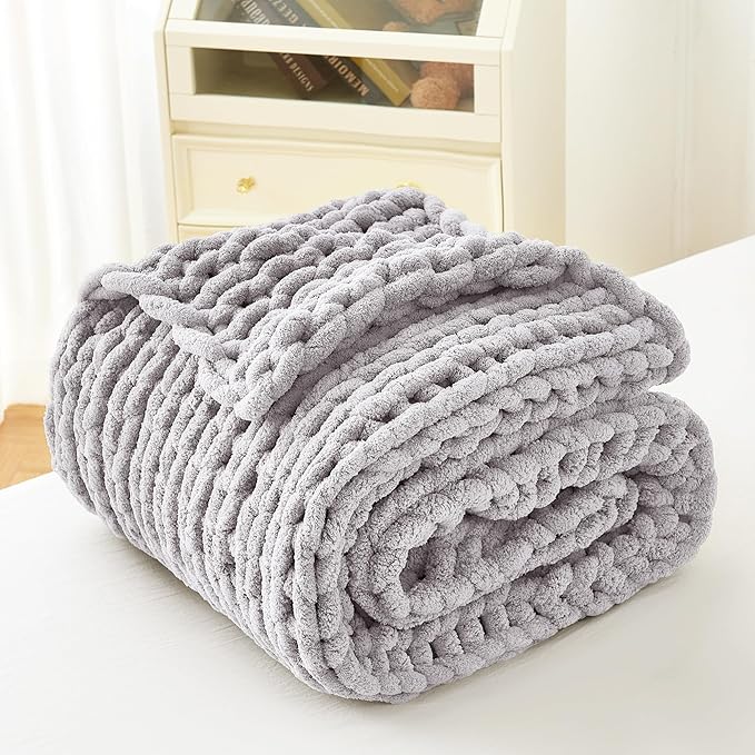 Admitrack Chunky Knit Blanket Throw, 100% Hand Knit Chenille Throw Blanket for Sofa & Home Decor, Soft and Cozy Knitted Throw Blankets (Light Gray，51"x63")