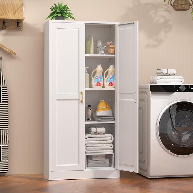 60" Tall Metal Pantry Cabinet, White Kitchen Pantry Storage Cabinet with 3 Adjustable Shelves and Gold Handles, Cupboard for Kitchen, Dining Room, Living Room, Bathroom