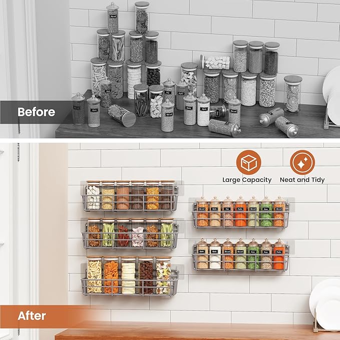 5 Pack Spice Rack Seasoning Organizer Wall Mount, Screw or Adhesive Hanging Shelf Basket Spice Organizer Shelf for Kitchen, Gray