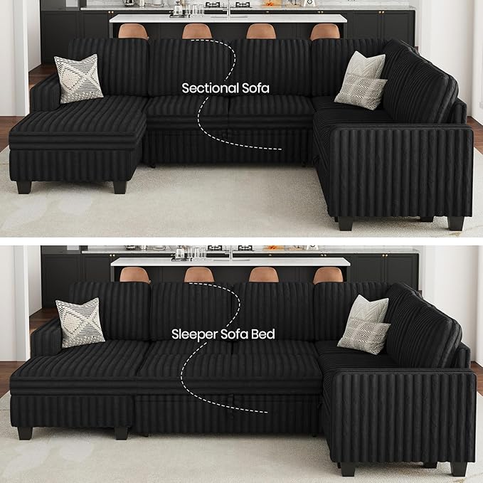 Belffin Corduroy Sleeper Sofa Bed with Storage Chaise Modular Sectional Sofa Couch with Pull Out Bed L Shaped Sectional Couches for Living Room Black Couch
