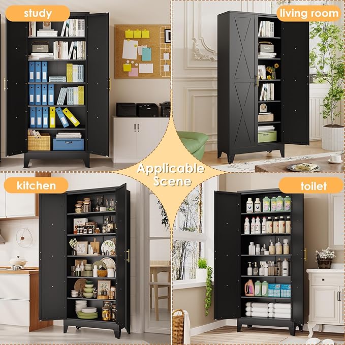 75" Tall Metal Kitchen Pantry Storage Cabinet, Freestanding Cupboard with 2 Doors and 5 Adjustable Shelves, Standing Storage for Kitchen, Bathroom, Garage, Dinning Room or Utility Room（Black）