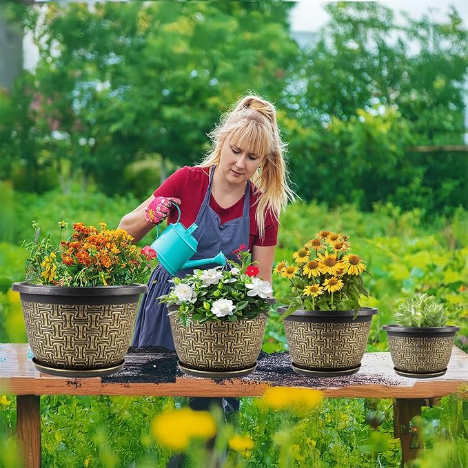 4 Pack 16 Inch Planter,Large Plastic Flower Pots Outdoor Indoor with Drainage Holes & Trays, Retro Antique Imitation Decorative Garden Plant Pots Outdoor for Houseplants
