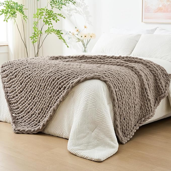 Bigacogo Chunky Knit Throw Blanket for Couch, 80x90 inches, 100% Hand Knitted with Thick Jumbo Chenille Yarn, Cozy Soft Large Rope Knot Cable Crochet Blankets for Sofa Bed Living Room, Taupe