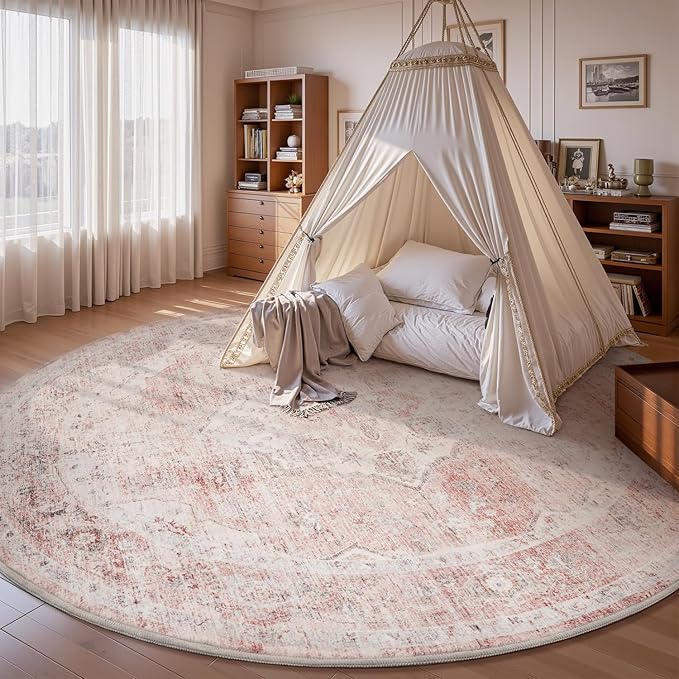 AMOAMI 6FT Round Vintage Soft Pink Rug - Non Slip Circle Machine Washable Rug for Living Room, Bedroom, Office Under Table