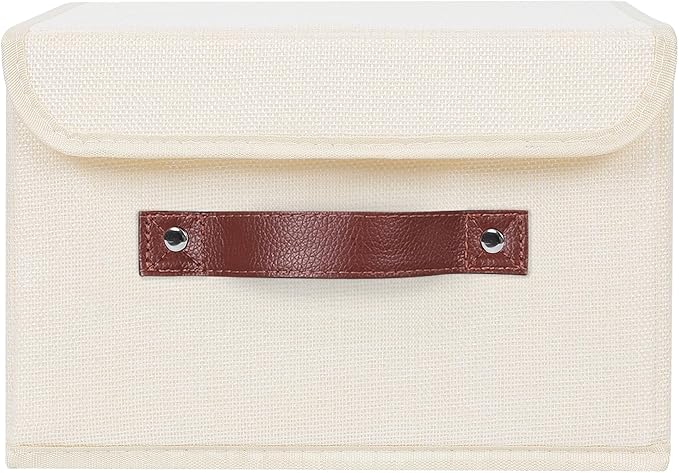 ANMINY 4PCS Storage Bins with Lid PU Leather Handles Storage Boxes PP Plastic Board Decorative Foldable Lidded Cotton Linen Fabric Home Cubes Baskets Closet Organizer Containers - Beige, Small Size
