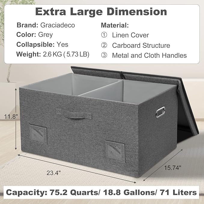 75 Quarts Extra Large Decorative Storage Bins with Lids, 3 Packs Gray Collapsible Storage Bins with Lids, Stackable Storage Bins Decorative Box Storage With Lid Extra Large