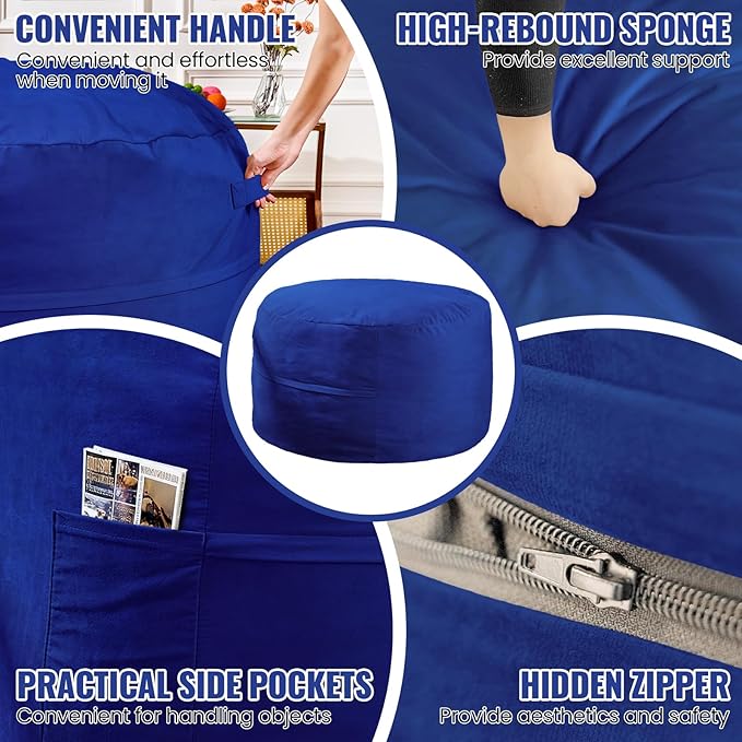 4FT Bean Bag Chair: Bean Bag with Velvet Cover, Fluffy and Comfy Bean Bag Chairs for Adults and Kids, Bean Bag Sofa Filled with High-Density Sponge for Gaming (Blue)