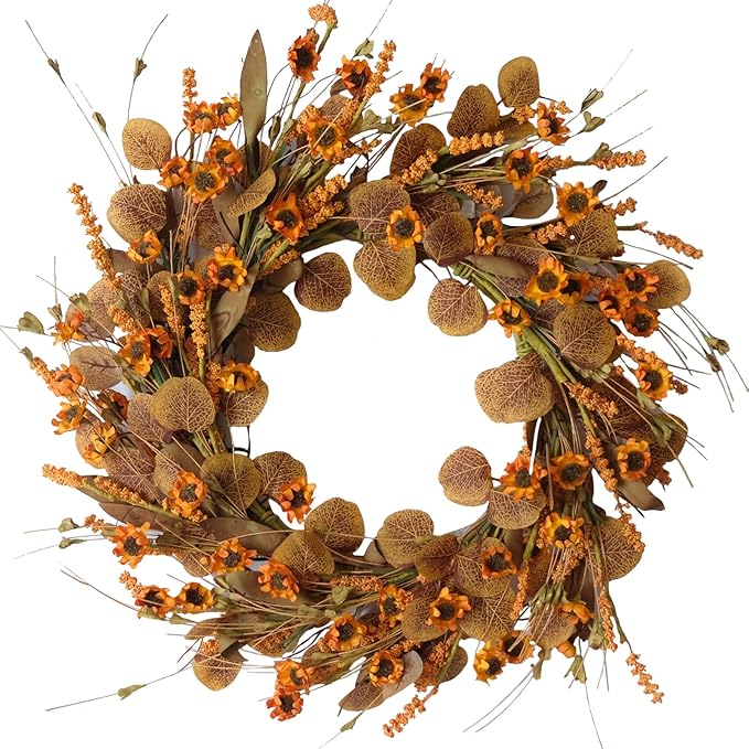 22 Inch Fall Wreath for Front Door Artificial Autumn Wreath with Eucalyptus Leaves Wild Flowers Harvest for Festival Thanksgiving Halloween Farmhouse Wall Home Decor