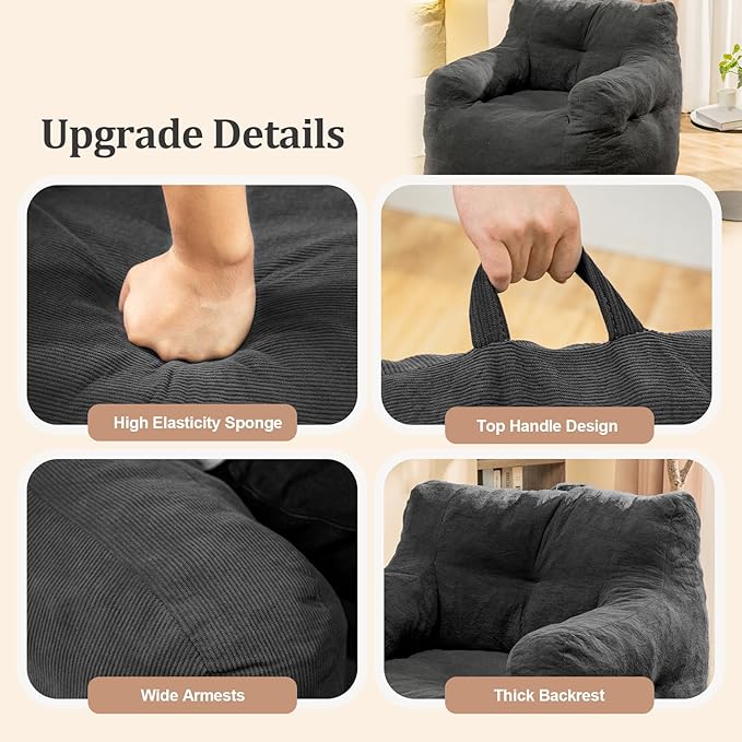 Bean Bag Chair, Bean Bag Chair for Adults, Fluffy and Comfy Bean Bag with Filler, Bean Bag Sofa Chair for Reading, Gaming, Stuffed High-Density Foam, Grey
