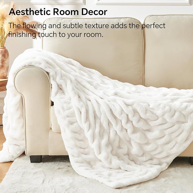 BEDELITE Faux Fur Throw Blanket for Couch, Soft and Cozy Boho Ruched Fluffy Blanket, Warm Plush Fuzzy Faux Rabbit Fur Blanket for Women Gift (Cream, 50"x 60")