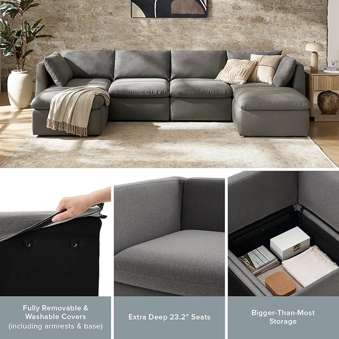 mopio Oversized Modular Sectional Sofa with Fully Removable Covers and Storage, Convertible U, L-Shaped and Sleeper Sectional, Modern Couches with Ottoman Chaise (Stone Gray Fabric, 9 Seats, Sleeper)