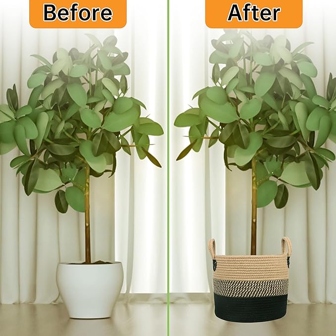 14"x12" Natural Jute Rope Woven Storage Basket with Handles for Plant, Blankets,Toys - Living Room Home Decor,Multifunctional Basket for Organizer,Picnic,Artificial Tree Black and Beige