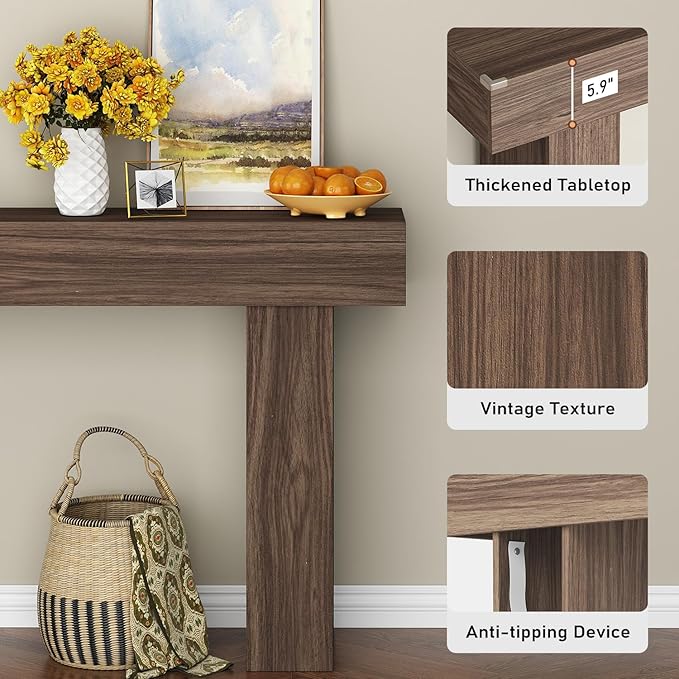 63 Inch Long Console Table for Entryway, Farmhouse Wood Rectangular Sofa Table Behind Couch Table, Narrow Entryway Table for Living Room, Entrance, Hallway, Foyer, Easy Assembly (Brown)
