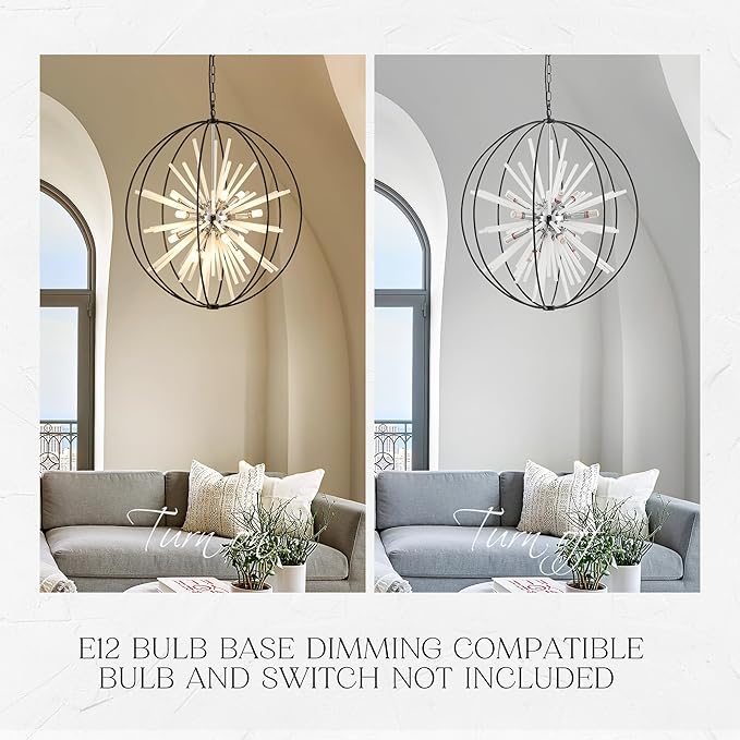 31.5" Black Chrome 16-Light Globe Sputnik Chandelier Modern Adjustable Hanging Ceiling Glass Tube Pendant Light Fixture for Entryway Foyer Stairway Dining Living Room Hallway