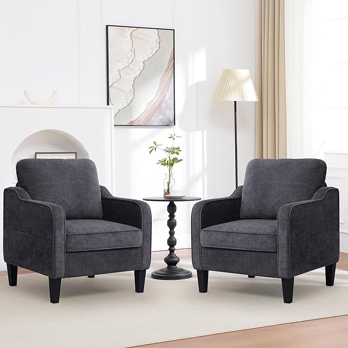 Accent Chairs Set of 2, Upholstered Living Room Chairs with Side Pockets, Mid Century Modern Reading Chair for Bedroom, Comfy Armchair Single Sofa Side Chair for Office, Small Room, Dark Grey
