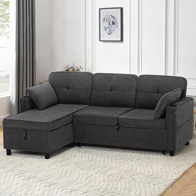 84 Inches Fabric Sectional Sofa w/Pull Out Sofa Bed & Adjustable Back, Tufted L Shaped Couch w/Storage Chaise, Sleeper Sectional Sofa w/USB Port & Cup Holders for Living Room, Grey