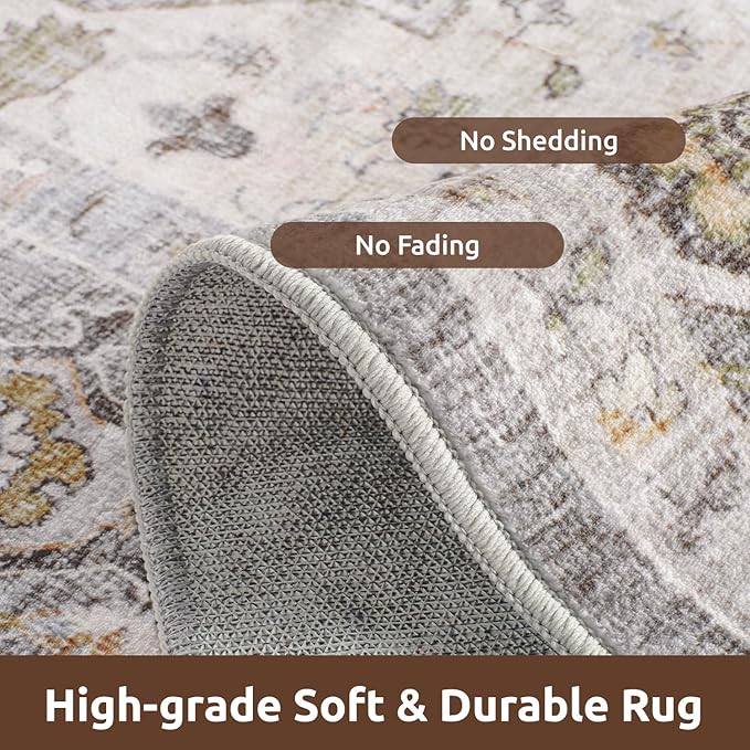 AMOAMI-6FT Round Rug-Rugs for Living Room-Vintage Soft Grey Rugs for Bedroom-Non Slip Circle Rug-Machine Washable Rug for Dining Room Living Room Bedroom Office Under Table