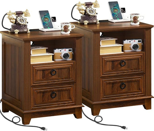 18" Farmhouse Night Stands Set of 2 with Charging Station, 2 Drawers End Table Dresser for Bedroom, Brown Wooden Nightstand, Bed Side Table with Open Shelf, Bedside Cabinet for Living Room