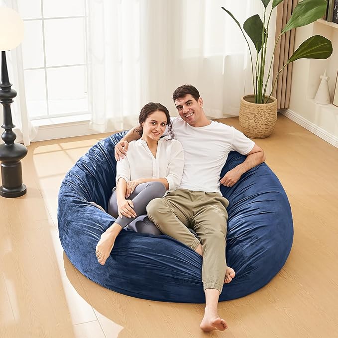 Bean Bag Chairs for Adults - Memory Foam Furniture BeanBag Chair - Kids/Teens Sofa with Soft Micro Fiber Cover - Round Fluffy Couch for Living Room Bedroom College Dorm - 5 ft, Navy