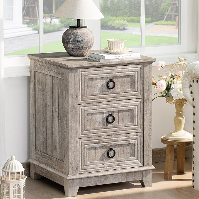 18" Farmhouse Night Stand with 3 Drawers, Wood End Table Dresser for Bedroom, Retro Oak Nightstand, Bed Side Table with Metal Handle, Bedside Cabinet for Bedroom Living Room, Closet