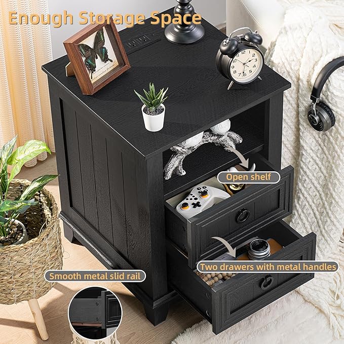18" Farmhouse Night Stand with Charging Station, 2 Drawers End Table Dresser for Bedroom, Black Wooden Nightstand, Bed Side Table with Open Shelf, Bedside Cabinet for Living Room, Closet