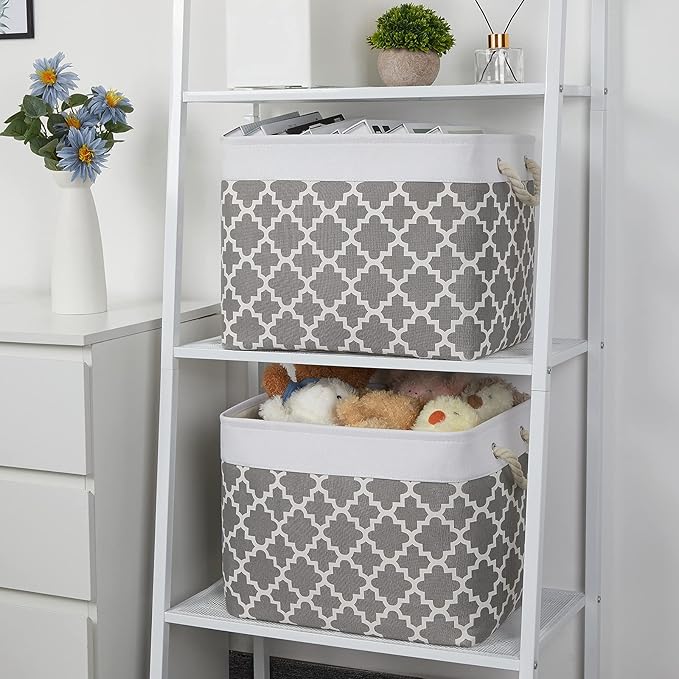 Bidtakay Large Fabric Storage Basket Set of 2 Collapsible Rectangle Basket for Shelves 16" X 11.8" X 11.8" Decorative Organizer Bins for Clothes Toys(White&Quatrefoil Grey)