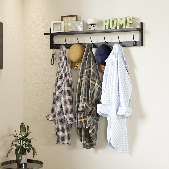 BAMEOS 35 Inch Wall Hooks With Shelf - Entryway Hanging Wood Coat Rack With 7 Dual Hooks for Bathroom, Living Room, Bedroom (Black)