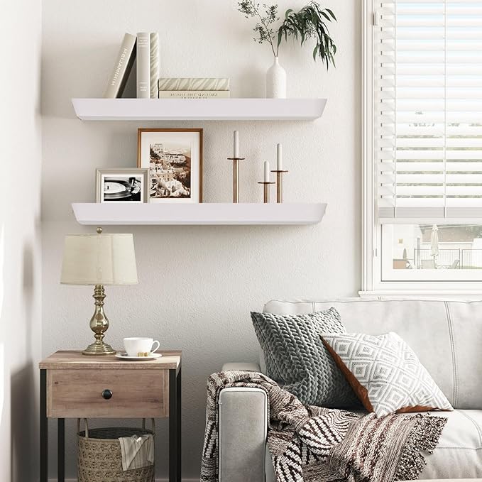 24"x6.8"x1.6" Slanted Floating Wall Shelves 2-Pack - Rustic White Finish, Heavy-Duty Solid Wood Design with Hidden Brackets - Perfect for Living Room, Kitchen, Bathroom, or Office