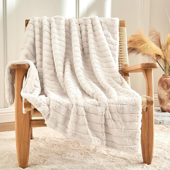 BEDELITE Faux Fur Throw Blanket for Couch, Soft and Cozy 3D Ribbed Fluffy Blanket, Thick Warm Plush Fuzzy Faux Rabbit Fur Blanket for Women Gift (Beige, 50"x 60")