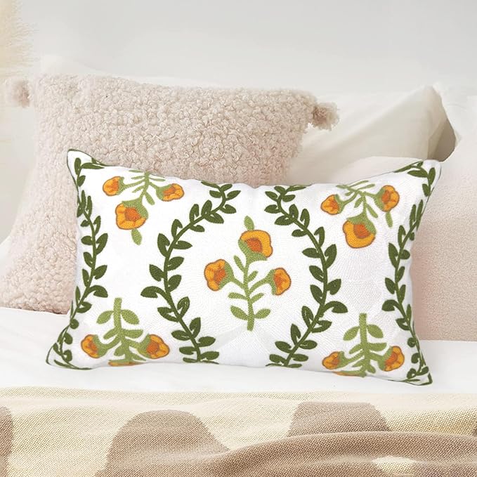 Alysheer Flower Embroidered Summer Decorative Lumbar Throw Pillow Cover 12"x 20", Farmhouse Cottage Orange Floral Green Leaves Patterned Cotton Canvas Cushion Case for Sofa Couch Bed Living Room