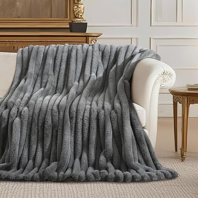 Amélie Home Faux Fur Throw Blanket for Couch, Ultra Cozy Fuzzy Fluffy Fur Luxurious Soft Striped Plush Gift Blankets for Family Sofa Chair Bed Living Room Bedroom, 55"x70", Ionic Wolf Gray