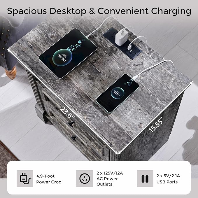 26" Tall Farmhouse Nightstand, 3 Drawers End Table w/Charging Station, 23.6" Wide Large Side Table w/Roman Column, Wood Rustic Sofa Table for Bedroom, Light Gray