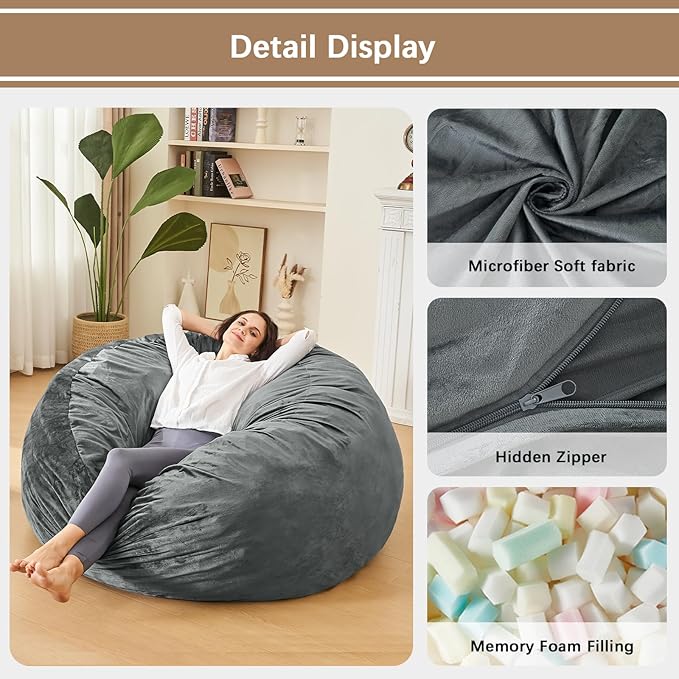 Bean Bag Chairs for Adults - Memory Foam Furniture BeanBag Chair - Kids/Teens Sofa with Soft Micro Fiber Cover - Round Fluffy Couch for Living Room Bedroom College Dorm - 4 ft, Grey