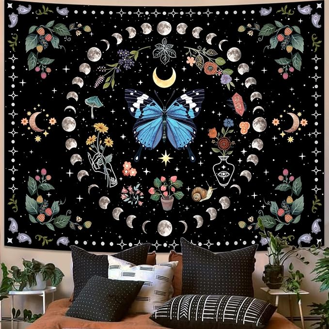 Aipon Blue Butterfly Moon Flower Boho Floral Tapestry for Bedroom & Living Room (60.00'' 80.00'', Blue)