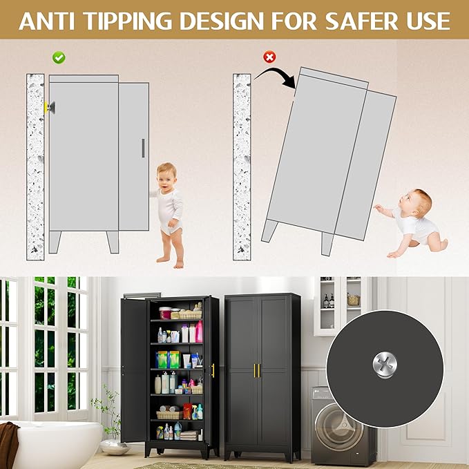 75.2" Tall Storage Cabinet, Pantry Storage Cabinets with 2 Door and 5 Adjustable Shelves, Black Kitchen Food Cabinet, Metal Utility Cabinets for Kitchen, Dinning Room, Laundry Room