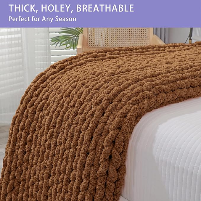 Bigacogo Chunky Knit Throw Blanket for Couch, 51x63 inches, 100% Hand Knitted with Thick Jumbo Chenille Yarn, Cozy Soft Large Rope Knot Cable Crochet Blankets for Sofa Bed Living Room, Caramel