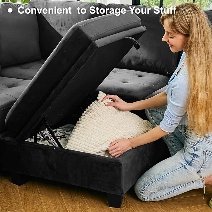 Belffin Modular Sectional Sleeper Sofa with Pull Out Bed U Shaped Sectional Sofa Couch with Storage Ottoman Velvet Covertible 7-Seater Sofa for Living Room Grey