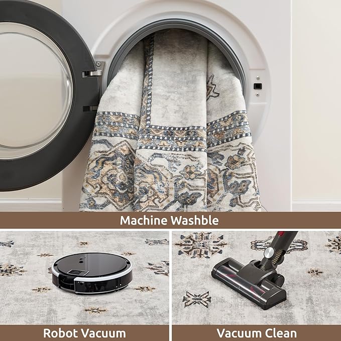 AMOAMI-Vintage Area Rug 5X7 Grey Rugs for Living Room-Soft Living Room Rug Non Slip Rugs for Bedroom Carpet Machine Washable Rug for Dining Room Bedside Office Room Decor