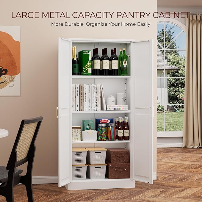 60" Tall Metal Pantry Cabinet, White Kitchen Pantry Storage Cabinet with 3 Adjustable Shelves and Gold Handles, Cupboard for Kitchen, Dining Room, Living Room, Bathroom