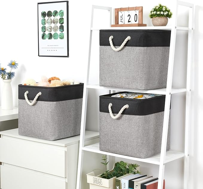 Bidtakay Fabric Cube Storage Bins for Organizing 13x13 Large Storage Baskets Decorative Storage Bins for Home Storage Set of 3 Shelf Organizer Bins for Toy Storage (Black&grey)