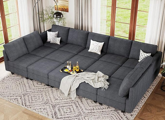 Belffin Large 15 Seat Modular Sectional Sofa with Storage Seat Corduroy Sleeper Sectional Sofa Bed Oversized Convertible Modular Couch for Living Room Dark Grey