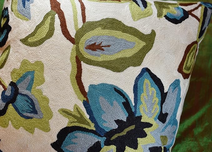 Modern Cream Decorative Floral Pillow Cover Needlepoint White Flower Hand Embroidered Pillowcase Flowery Outdoor Suzani Accent Cushion Boho Chair Modern Chair Pillowsham Wool Size 18x18