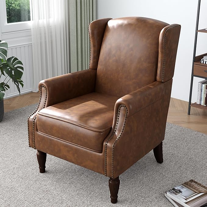 Accent Chair, Faux Leather High Back Armchair or Living Room, Comfy Upholstered Single Sofa Reading Chair with Solid Wood Legs for Office, Bedroom, Waiting Room-Brown