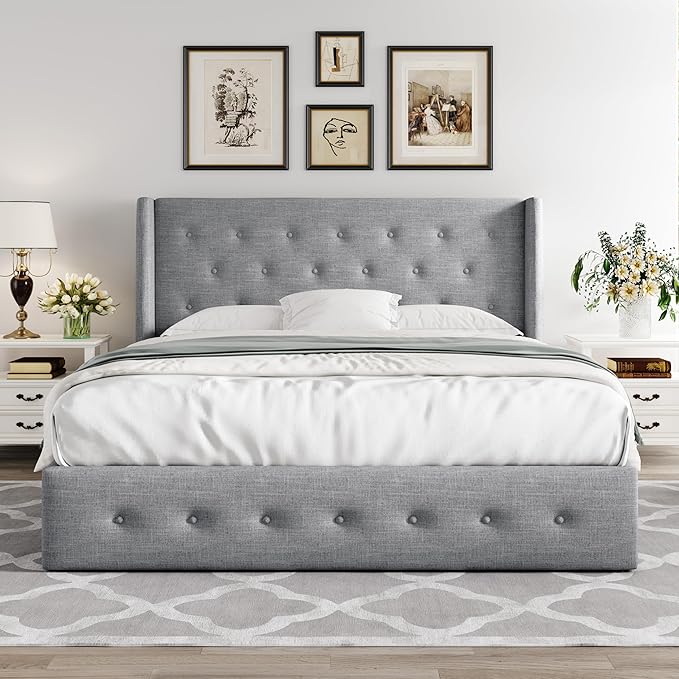 Allewie Full Size Lift Up Storage Bed, Button Tufted Headboard with Wingback, Hydraulic Support, No Box Spring Needed, Light Grey